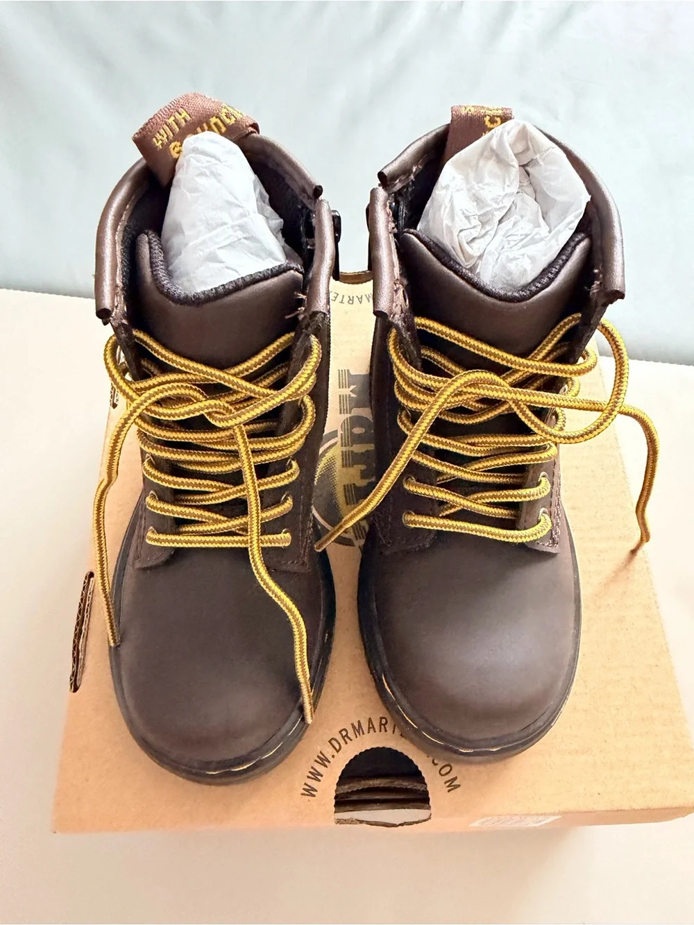 Dr. Martens Toddler Dark Brown Leather Lace-Up Boots with Yellow Stitching. New